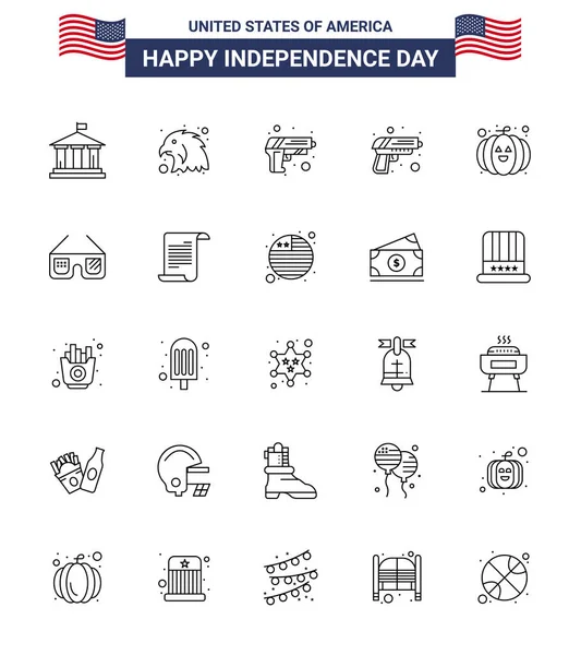 Happy Independence Day Lines Icon Pack Web Print Usa Glasses — Stock Vector