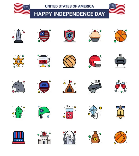 2015 Flat Filled Line Pack Usa Independence Day Symbols Star — 스톡 벡터