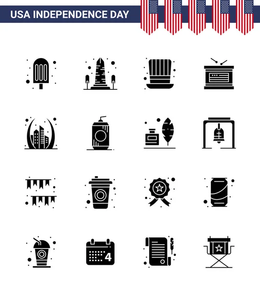 Happy Independence Day Pack Solid Glyphs Signs Symbols Building Independence — Stock Vector