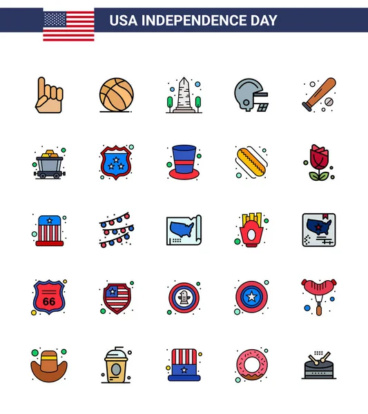 Usa Flat Filled Line Pack Independence Day Signs Symbols Baseball — 스톡 벡터