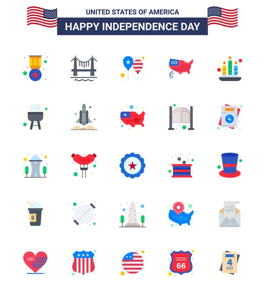 Płaskie Opakowanie Usa Dzień Niepodległości Symbole Świec Dziękczynienie Balony Mapa — Wektor stockowy