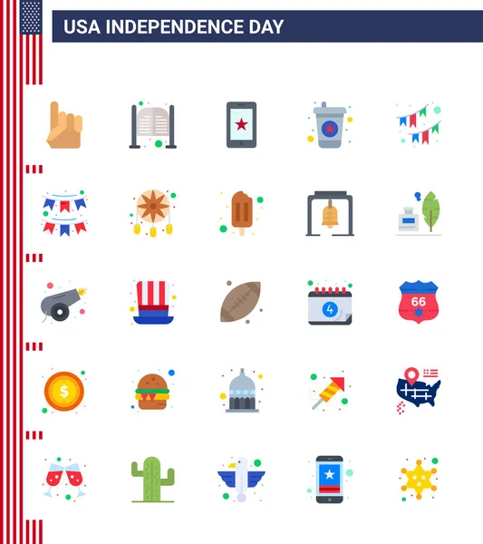Happy Independence Day Usa Paquet Appartements Créatifs Buntings Soda Entrée — Image vectorielle
