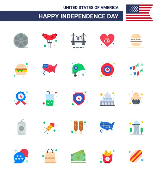 Happy Independence Day Usa Paquet Appartements Créatifs Amérique Hamburger Construction — Image vectorielle