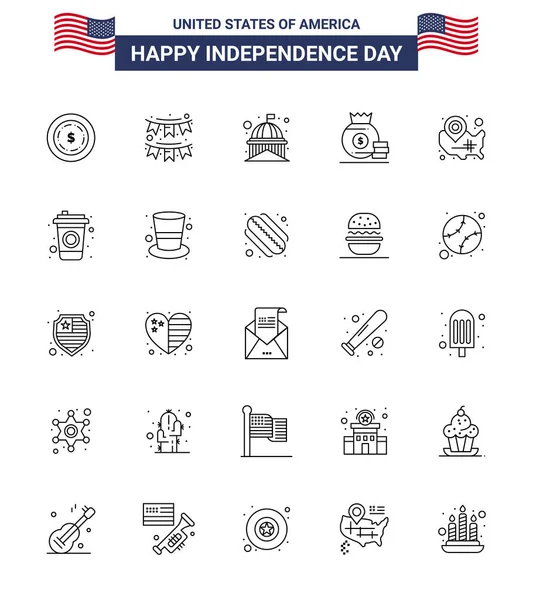 Usa Happy Independence Daypictogramme Lot Lignes Simples Carte Argent Construction — Image vectorielle