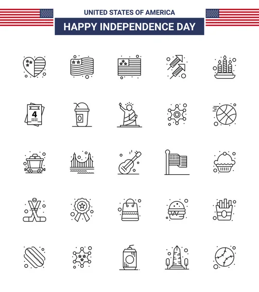 Happy Independence Day Lines Icon Pack Web Print America Love — Stock Vector