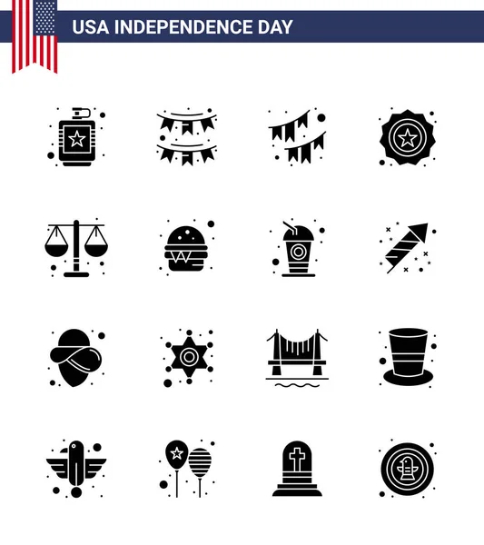 Solid Glyph Pack Usa Independence Day Symbole Der Skala Gerechtigkeit — Stockvektor