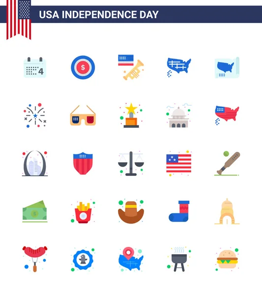 Usa Flat Pack Independence Day Signes Symboles Amérique Feux Artifice — Image vectorielle