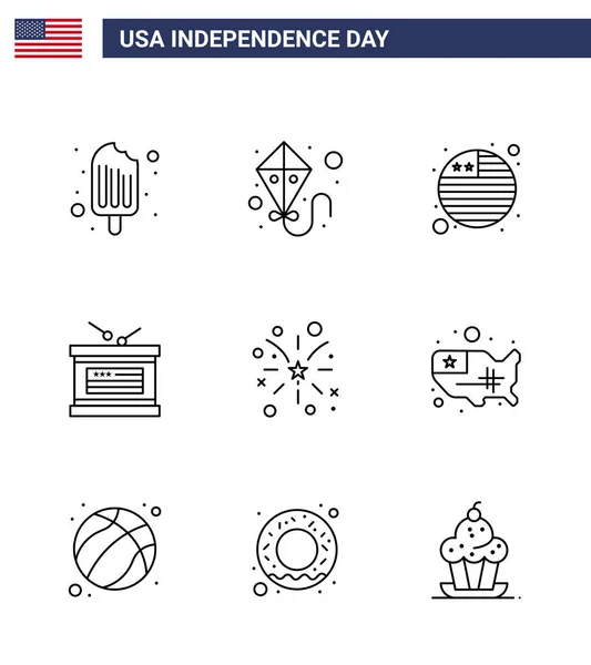 Line Pack Usa Independence Day Symbole Der Usa Feuer Flagge — Stockvektor