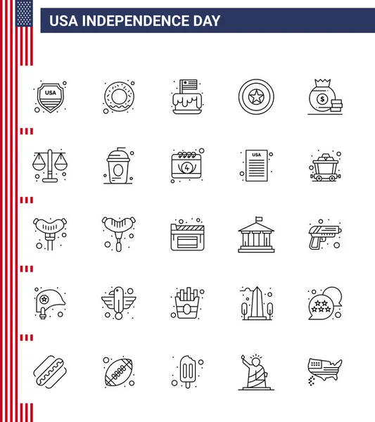 Упаковка Иконой Американского Дня Линейных Знаков Символов Сумки Медали Торта — стоковый вектор