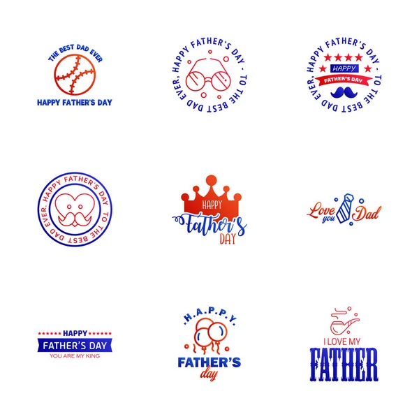 Happy Fathers Day Blue Red Typography Set Vector Emblems Lettering — Stock Vector