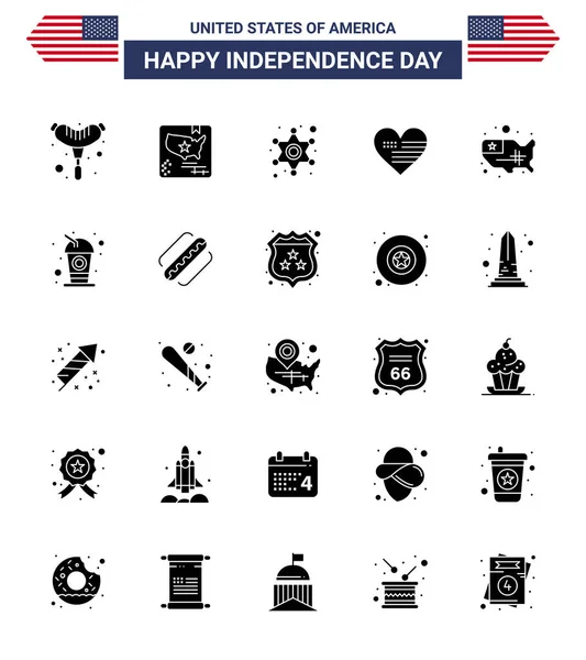 Feliz Dia Independência Julho Conjunto Solid Glyph American Pictograph United — Vetor de Stock