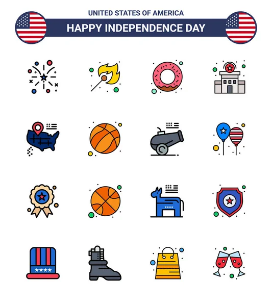 Flat Filled Line Signs Usa Independence Day American Location Donut — 스톡 벡터