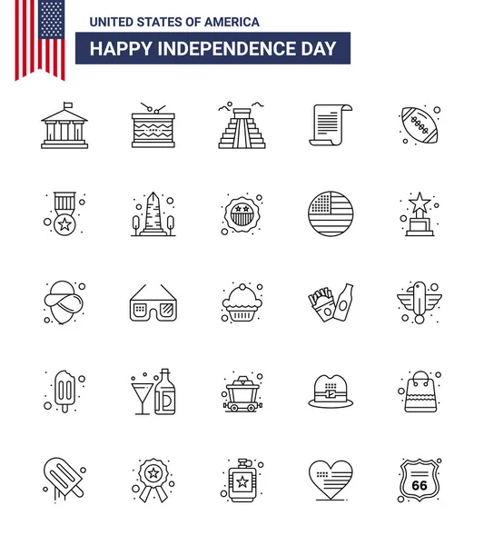 Usa Independence Day Line Set Pictogrammes Américains Balle Américain Texte — Image vectorielle