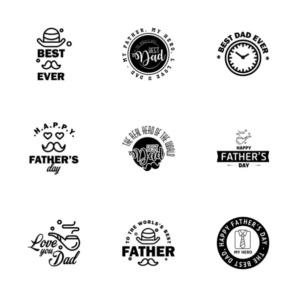 Black Set Vector Happy Fathers Day Typography Vintage Icons Lettering — Stock Vector