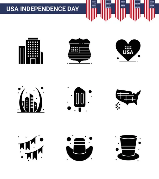 Happy Independence Day 4Th July Set Solid Glyphs American Pictograph — Stock Vector
