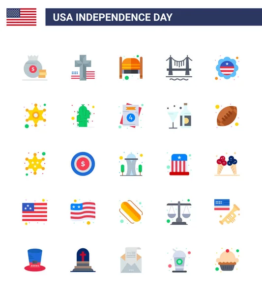 Usa Happy Independence Daypictogram Set Pisos Simples Bandera Paisaje Urbano — Vector de stock