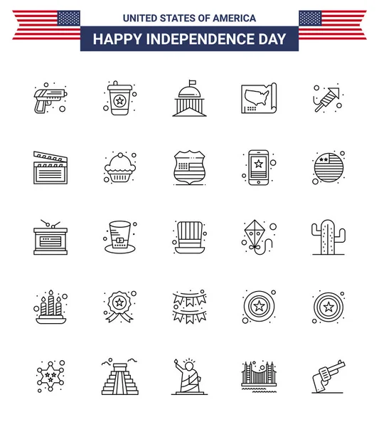 Happy Independence Day Lines Icon Pack Web Print Religion Usa — Stock Vector