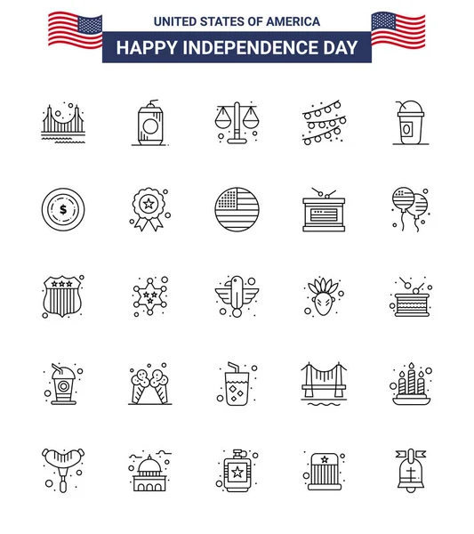 Eua Line Signs Independence Day Celebration Símbolos América Bulbo Festa — Vetor de Stock