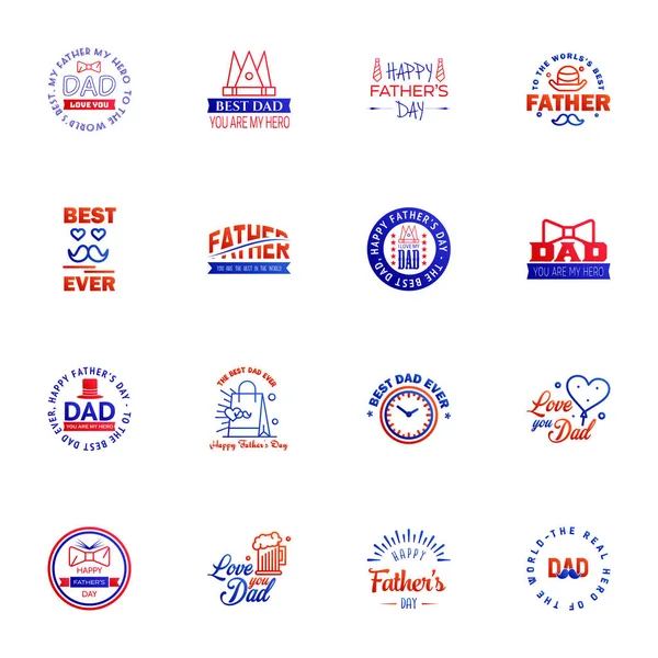 Happy Fathers Day Greeting Hand Lettering Badges Blue Red Typo — Stock Vector