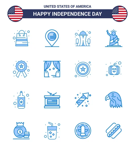 Usa Independence Day Blue Set Pictogrammes Insigne Statue Bâtiment Repères — Image vectorielle