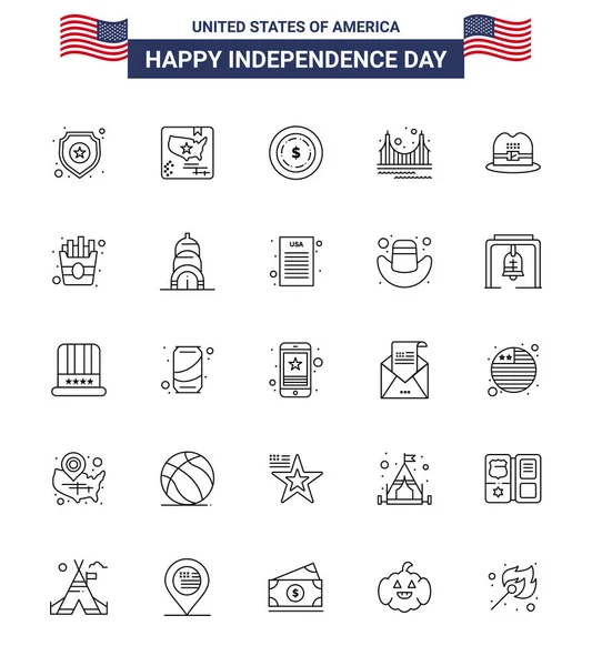 Happy Independence Day Usa Paquet Lignes Créatives Chapeau Tourisme Américain — Image vectorielle