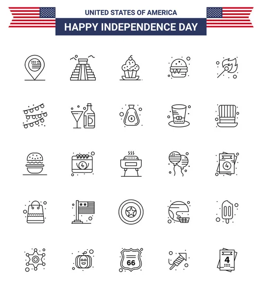 Usa Independence Day Line Set Usa Pictograms Camping Food Cake — Stockový vektor