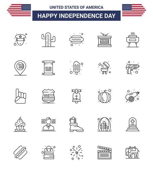 Usa Independence Day Line Set Usa Pictograms Festivity Barbeque Dog — Stock Vector