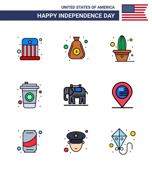 Usa Happy Independence Daypictogram Set Simple Flat Filled Lines Usa — Stock Vector