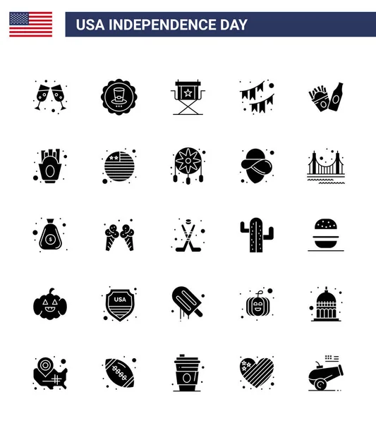 Happy Independence Day 4Th July Set Solid Glyph American Pictograph — Stock Vector