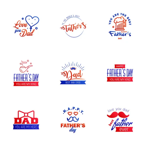 Happy Fathers Day Blue Red Typography Set Vector Emblems Lettering — Stock Vector