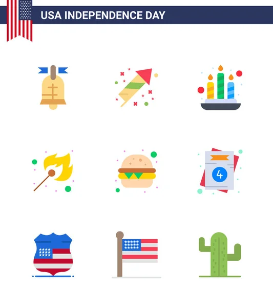Usa Independence Day Flat Set Usa Pictograms Meal Burger Candle — Stock Vector