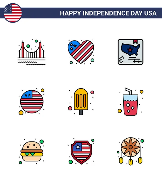 9アメリカ独立記念日のお祝いフラットライン記号と4 7月食品などのシンボル 国際フラグ フラグ 世界編集可能な米国デーベクトルデザイン要素 — ストックベクタ
