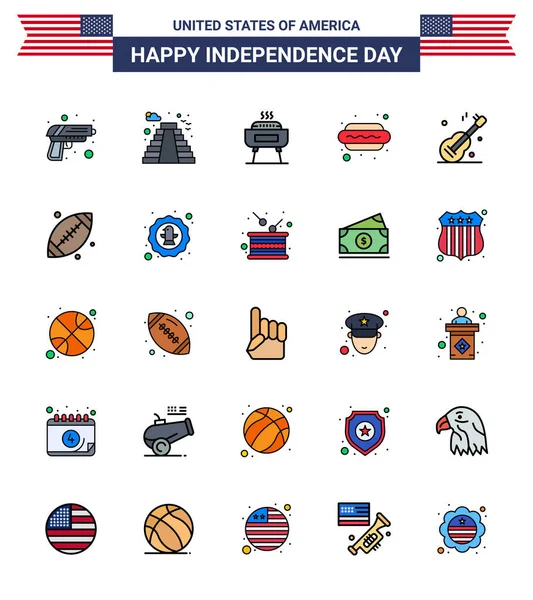 Usa Flat Filled Line Signs Independence Day Symbols Music Hot — 스톡 벡터