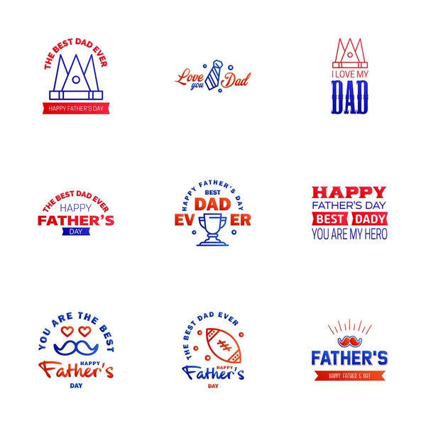 Happy Fathers Day Blue Red Typography Set Vector Typography Vintage — Stock Vector