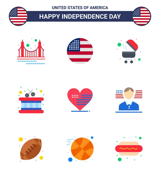 Conjunto Moderno Pisos Símbolos Día Independencia Tales Como Americano Corazón — Vector de stock