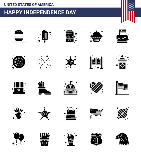 Сша Твердый Глиф Пакет День Независимости Знаки Символы Партии Торт — стоковый вектор