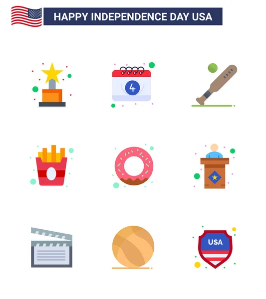 Сша Плоский Пакет День Независимости Знаки Символы Питания Пончик Бейсбол — стоковый вектор