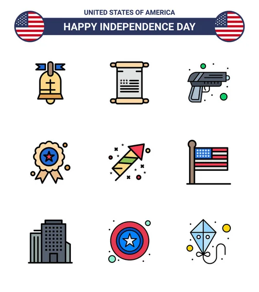 Flat Filled Line Signs Usa Independence Day Festivity Medal Gun — Stock Vector