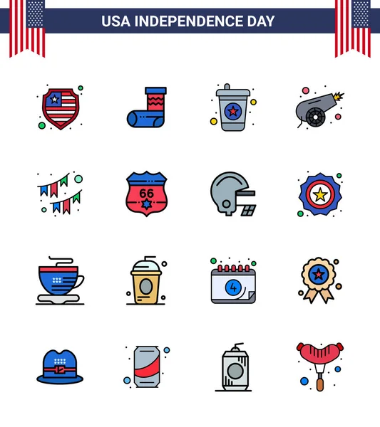 Flat Filled Lines Set Independence Day United States Party Buntings — 스톡 벡터
