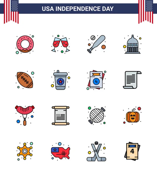 Usa Flat Filled Line Pack Independence Day Signos Símbolos Bebidas — Vector de stock