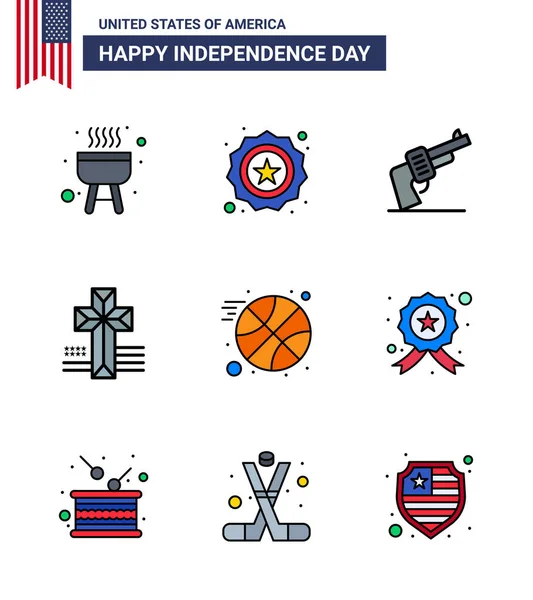 Happy Independence Day Packung Mit Flachen Linien Zeichen Und Symbole — Stockvektor