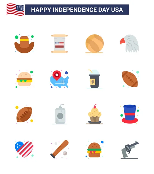 Happy Independence Day Pack Flats Jelek Szimbólumok Étkezés Burger Labda — Stock Vector