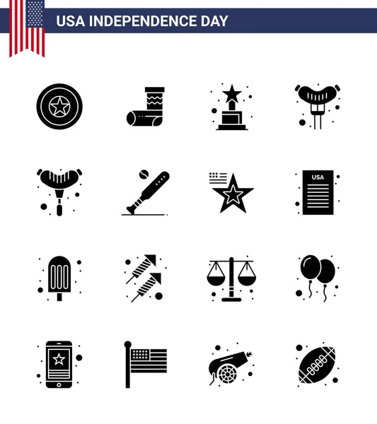 Usa Happy Independence Daypictogram Set Simple Solid Glyphs Sports Baseball — Stock Vector