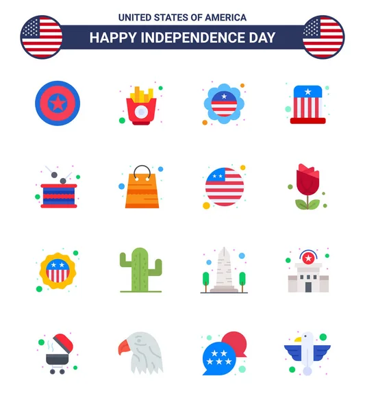 Usa Flat Pack Independence Day Signs Symbols Drum Hat Country — 스톡 벡터