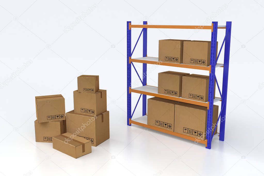 stacked and cardboard boxes in warehouse