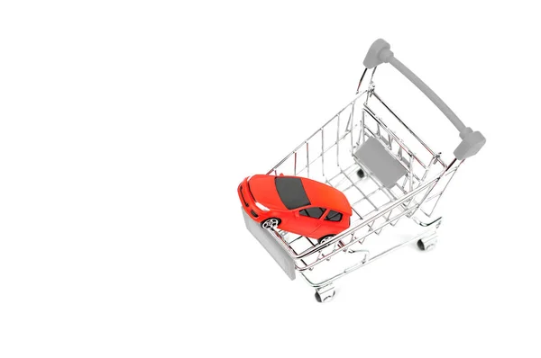 Carrinho Compras Com Carro Brinquedo Dentro Isolado Branco — Fotografia de Stock