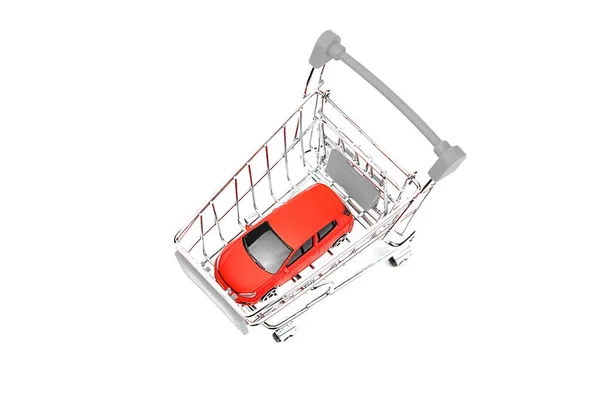 Carrinho Compras Com Carro Brinquedo Dentro Isolado Branco — Fotografia de Stock