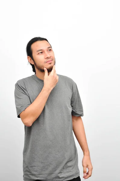 Thoughtful Asian Man Long Hair Looking Away White Background — Stock Photo, Image