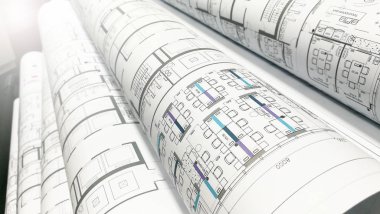 yakın plan çizimleri, haddelenmiş kağıtlara binanın vurdu