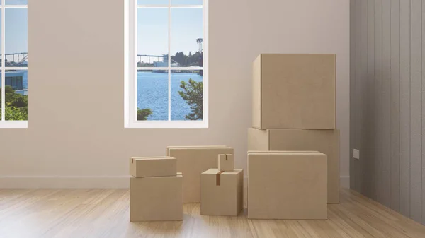 纸板屋移动包装盒（3d 渲染) — 图库照片